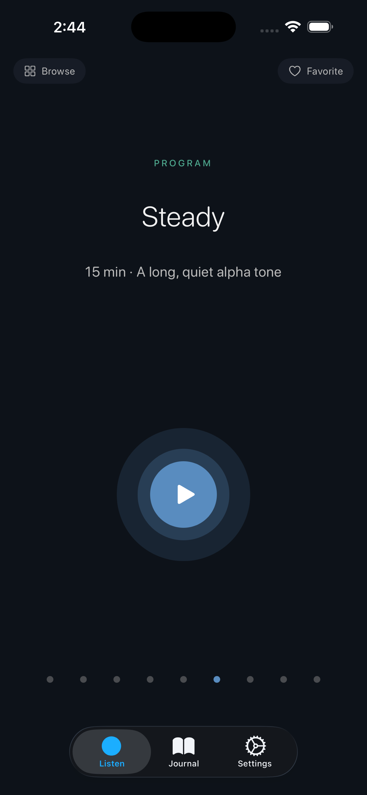 Ommlo Listen screen showing the Steady program