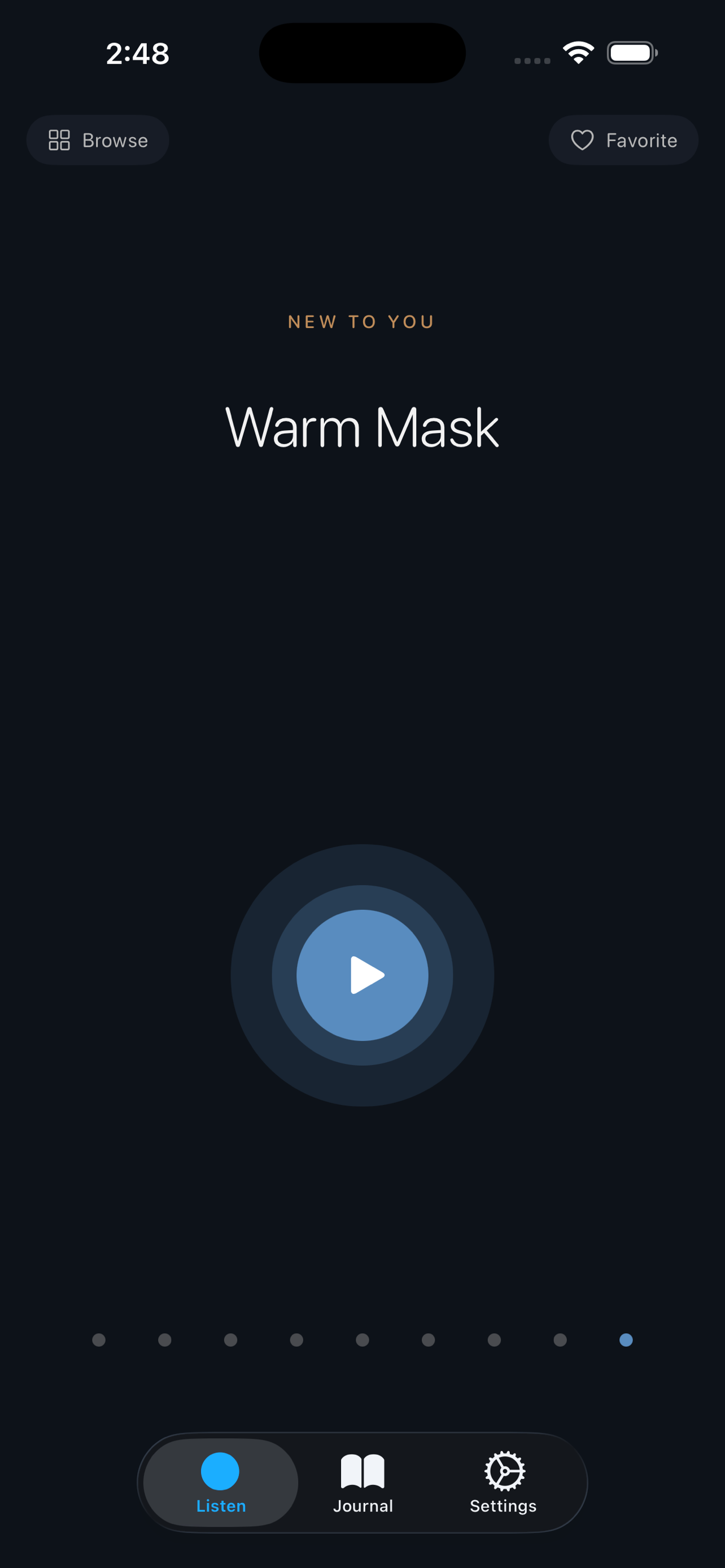 Ommlo Listen screen showing the Warm Mask preset